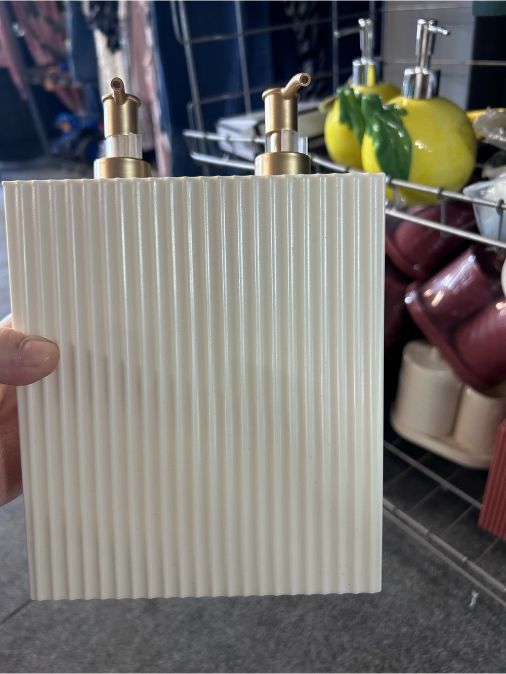Neutral Cream Ribbed Ceramic Soap Dispenser Set with Gold Pumps